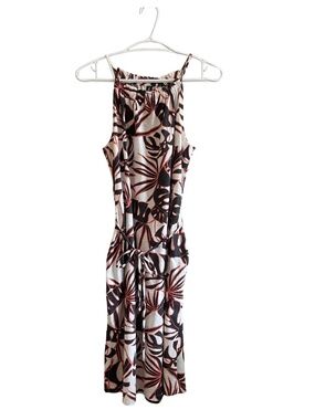 Farwest White Black Orange Tropical Halter Midi Dress w Pockets – Size Med EUC